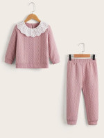 Toddler Girls Contrast Pointelle Lace Trim Sweatshirt & Elastic Waist Sweatpants