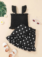 Toddler Girls Frill Shirred Top & Polka Dot Ruffle Trim Bow Front Skirt