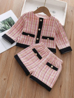 Toddler Girls Plaid Contrast Trim Overcoat With Tweed Shorts