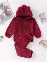 Toddler Girls 3D Ear Patched Flannel Hoodie & Sweatpants