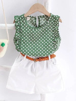 Toddler Girls Polka Dot Print Ruffle Trim Chiffon Top & Belted Shorts