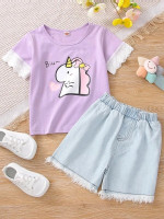 Toddler Girls Unicorn Print Tee And Raw Hem Denim Shorts
