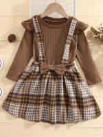 Toddler Girls Ruffle Trim Tee With Plaid Bow Front Pinafore Skirt