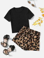 Toddler Girls Ribbed Knit Tee & Leopard Print Shorts