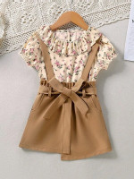 Toddler Girls Floral Print Ruffle Trim Top & Asymmetrical Hem Belted Suspender Skirt