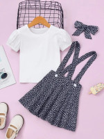 Toddler Girls Puff Sleeve Tee & Ditsy Floral Pinafore Skirt & Headband