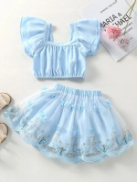 Toddler Girls Layered Ruffle Trim Crop Top & Butterfly Appliques Leaf Embroidery Mesh Skirt