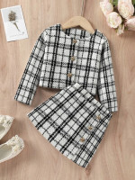 Toddler Girls Plaid Button Front Tweed Jacket & Skirt