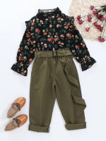 Toddler Girls Floral Print Flounce Sleeve Ruffle Trim Corduroy Top & Belted Pants
