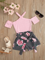 Toddler Girls Cold Shoulder Tee & Striped & Floral Print Belted Shorts