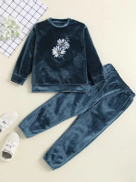 Toddler Girls Floral Embroidery Velvet Pullover & Sweatpants