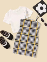 Toddler Girls Ribbed Knit Tee & Plaid Cami Dress