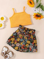 Toddler Girls Rib Knit Crop Cami Top & Floral Print Paperbag Waist Belted Shorts