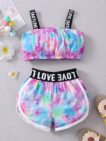 Toddler Girls Tie Dye Contrast Letter Tape Cami Top & Shorts