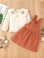 Toddler Girls Floral Embroidery Statement Collar Blouse & Textured Overall Dress
