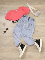 Toddler Girls Contrast Letter Tape Puff Sleeve Top & Ripped Frayed Jeans