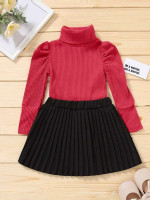 Toddler Girls Turtleneck Ribbed Knit Gigot Sleeve Top & Pleated Skirt