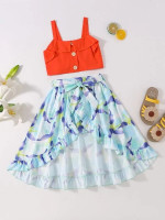 Toddler Girls Ruffle Trim Cami Top & Floral Print Belted Skirt