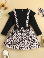 Toddler Girls Ruffle Trim Tee & Leopard Print Bow Front Pinafore Skirt & Headband