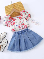 Toddler Girls Floral Print Puff Sleeve Blouse & Raw Hem Denim Skirt