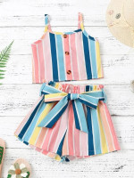 Toddler Girls Block Striped Cami Top & Paperbag Waist Belted Shorts