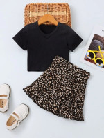 Toddler Girls Solid Tee & Leopard Print Knot Ruffle Hem Skirt