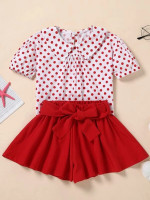 Toddler Girls Polka Dot Peter-pan Collar Top & Belted Skirt