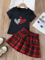 Toddler Girls Heart Print Tee With Tartan Belted Skirt