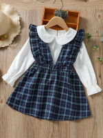 Toddler Girls Flounce Sleeve Peter-pan Collar Top & Plaid Ruffle Trim Dress