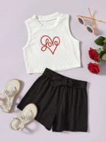 Toddler Girls Heart And Letter Graphic Tank Top & Knot Front Shorts