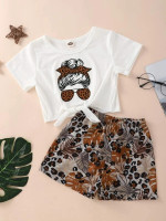 Toddler Girls Figure Graphic Knot Hem Tee & Leopard And Tropical Print Shorts