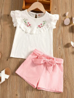 Toddler Girls Floral Embroidered Ruffle Trim Top & Belted Shorts