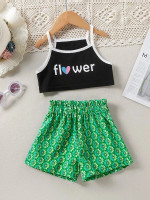 Toddler Girls Heart & Letter Graphic Crop Cami Top & Floral Print Paperbag Waist Shorts