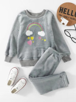 Toddler Girls Cloud & Rainbow Embroidery Flannel Pullover & Pants