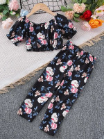 Toddler Girls Floral Print Flounce Sleeve Top & Pants