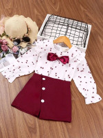 Toddler Girls Star Print Ruffle Trim Bow Front Flounce Sleeve Top & Button Side Shorts