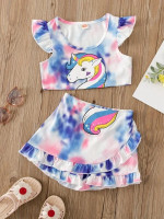 Toddler Girls Unicorn Print Tie Dye Ruffle Trim Top & Skort