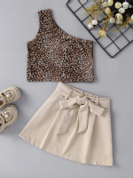 Toddler Girls Leopard Print One Shoulder Top & Belted Skirt