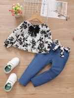 Toddler Girls Floral Print Bow Front Ruffle Hem Top & Belted Pants