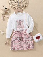 Toddler Girls Bear Embroidery Sweatshirt & Plaid Skirt