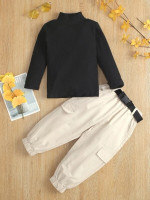 Toddler Girls Ribbed Knit Stand Neck Top & Belted Pants