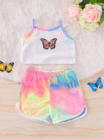 Toddler Girls Butterfly Print Cami Top & Tie Dye Contrast Binding Track Shorts
