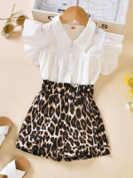 Toddler Girls Ruffle Trim Top & Leopard Print Paperbag Waist Shorts