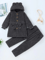 Toddler Girls 3D Ear Patched Hooded Belted Teddy Coat & Pants