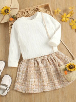 Toddler Girls Cable Knit Top & Plaid Pattern Bow Front Tweed Skirt