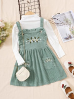 Toddler Girls Puff Sleeve Top & Floral Embroidery Frill Trim Corduroy Overall Dress