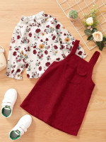Toddler Girls Floral Print Frill Trim Flounce Sleeve Top & Corduroy Overall Dress
