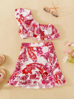 Toddler Girls Paisley Print One Shoulder Ruffle Trim Top & Skirt