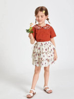 Toddler Girls Embroidery Doll Collar Tee & Floral Layered Skirt