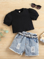 Toddler Girls Puff Sleeve Tee & Ripped Frayed Belted Denim Shorts